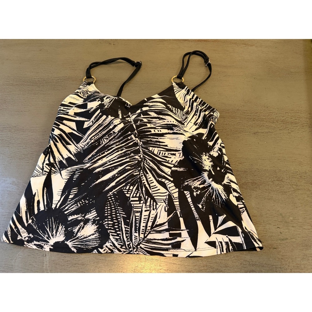 Tropical Escape Womens Black White Palm Floral Tankini Swim Top Size 8
